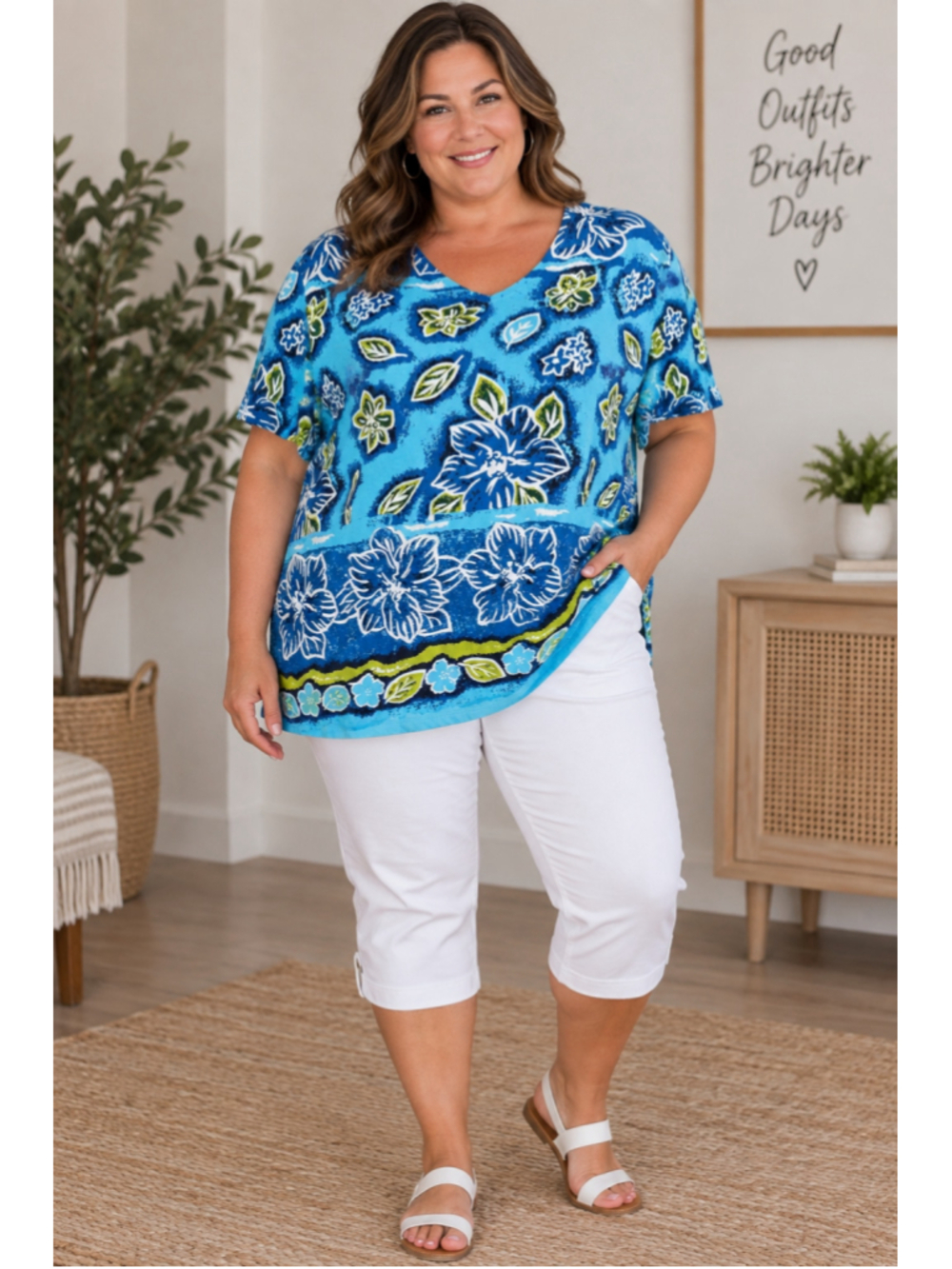 Liz & Me Floral Short Sleeve Tee, Blue/Green Women’s Plus Size 1X
